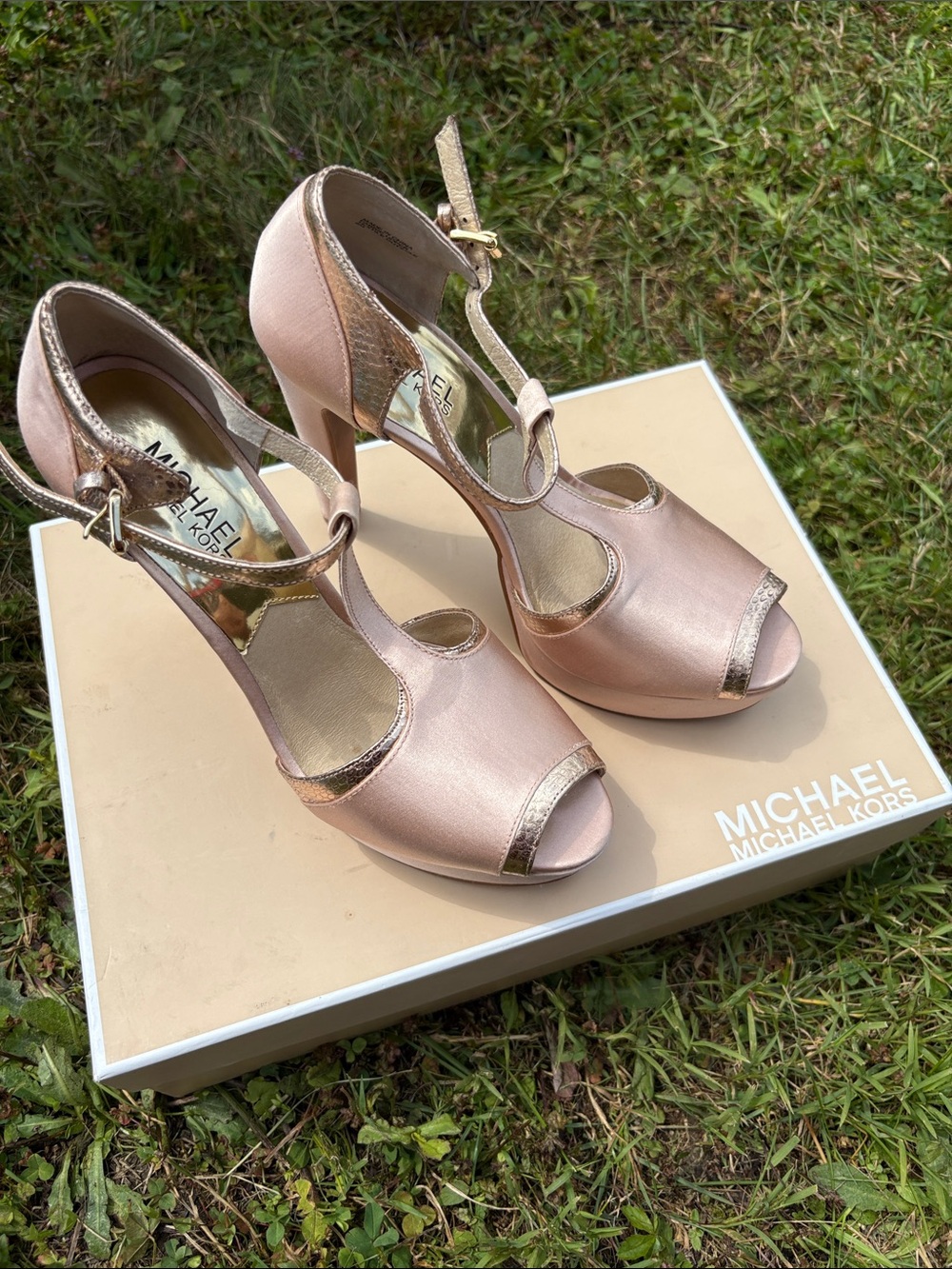 MICHAEL Michael Kors Rose Gold T-Strap Peep-Toe Heels